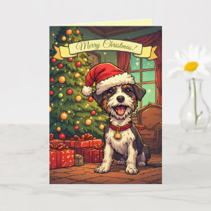 Tarjeta Perrito desaliñado sombrero de Santa Claus árbol d