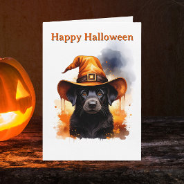 Tarjeta Perrito negro caprichoso sombrero de bruja naranja