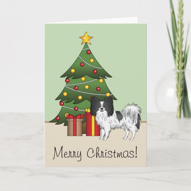 Tarjeta Perrito Papillon Negro Y Blanco Junto a un Árbol d (Anverso)