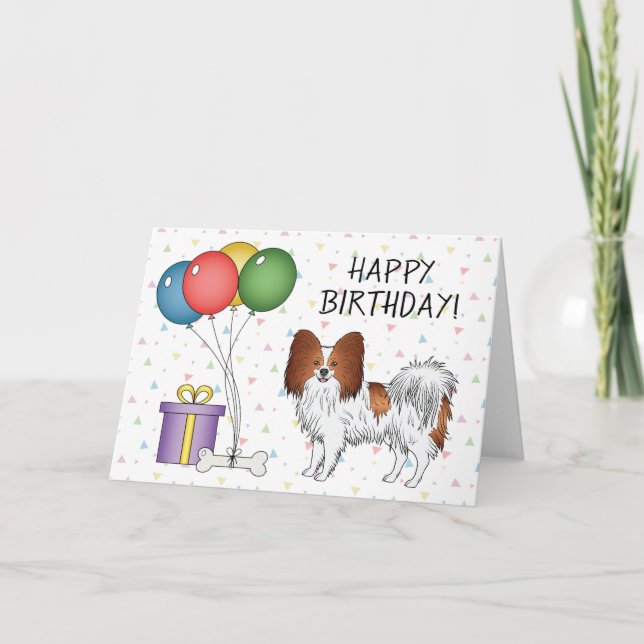 Tarjeta Perrito Papillon Rojo y Blanco Feliz Cumpleaños (Anverso)