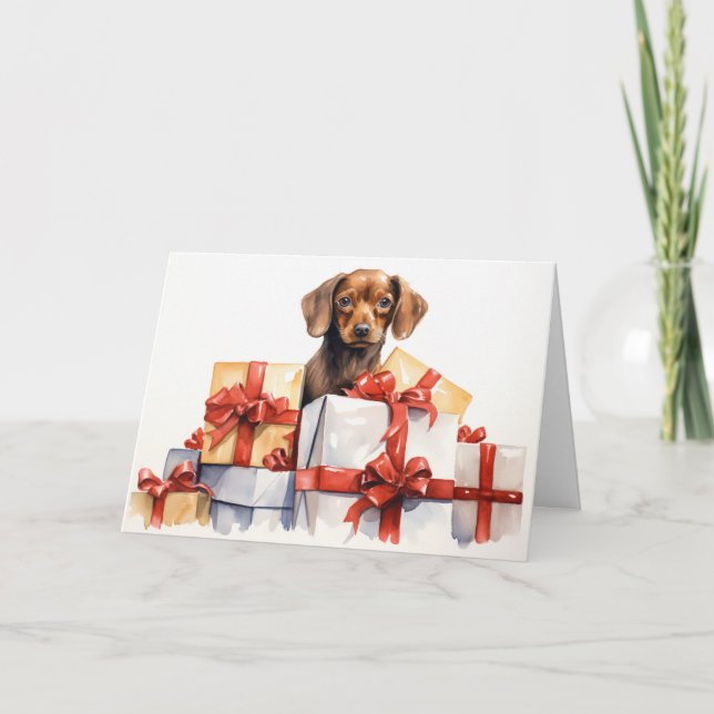Tarjeta Perro acuarela detrás de regalos de Navidades (Anverso)