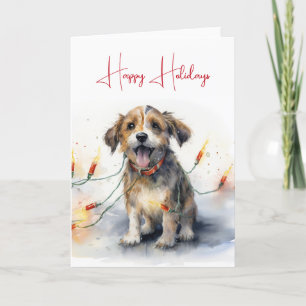 Tarjeta Perro acuarela enredado en luces de vacaciones