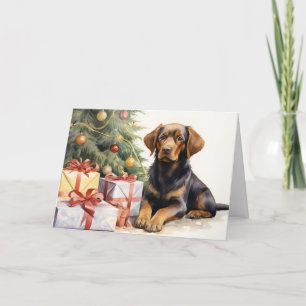 Tarjeta Perro acuarela por árbol de Navidad