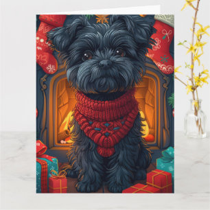 Tarjeta Perro Affenpinscher Con Chimenea De Regalos Navida