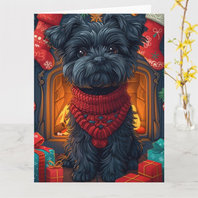 Tarjeta Perro Affenpinscher Con Chimenea De Regalos Navida (flor amarilla)