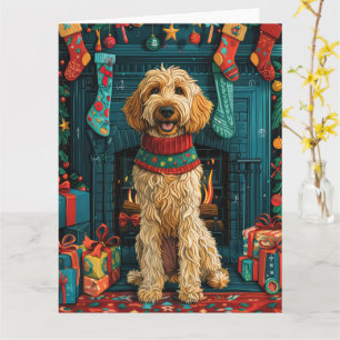 Tarjeta Perro afgano con Navidad y chimenea de regalos