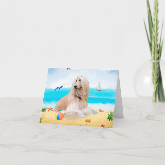 Tarjeta Perro afgano en la playa (Anverso)