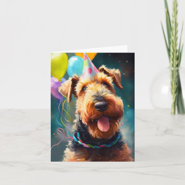 Tarjeta Perro Airedale con sombrero de cumpleaños y globos (Anverso)