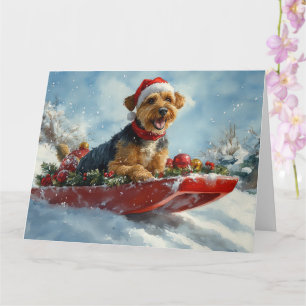 Tarjeta Perro Airedale en Trineo Deja que Nieve Navidad