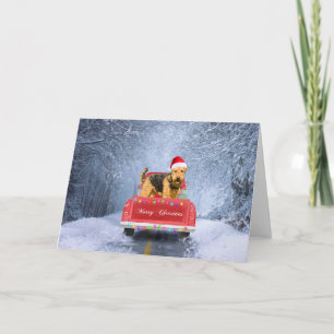 Tarjeta Perro Airedale Terrier en la nieve sentado en Navi