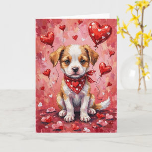 Tarjeta Perro Akbash de San Valentín sentado con corazones