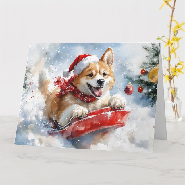 Tarjeta Perro Akita con manchas deja que nieve Navidades (flor amarilla)