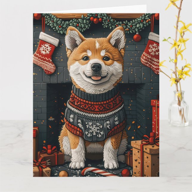 Tarjeta Perro Akita con regalos de Navidad junto a chimene (flor amarilla)