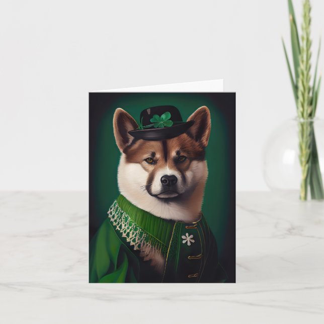 Tarjeta perro akita con vestido del día de San Patricio (Anverso)