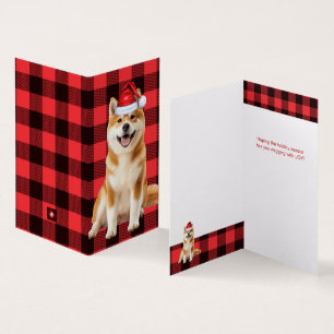 Tarjeta Perro Akita de Navidad con Cuadro Escocés Rojo de 