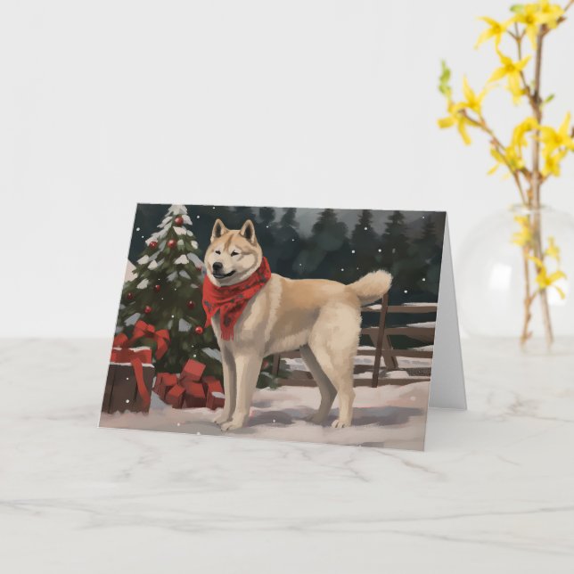 Tarjeta Perro Akita en Navidades de nieve (flor amarilla)