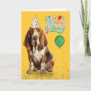Tarjeta Perro amarrado en un Fiesta Gorra Cumpleaños