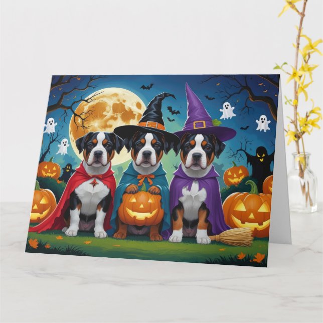 Tarjeta Perro American Staffordshire Calabaza Halloween Di (flor amarilla)