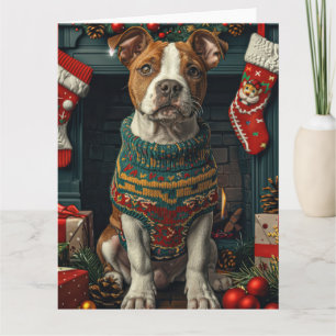 Tarjeta Perro American Staffordshire con regalos de Navida