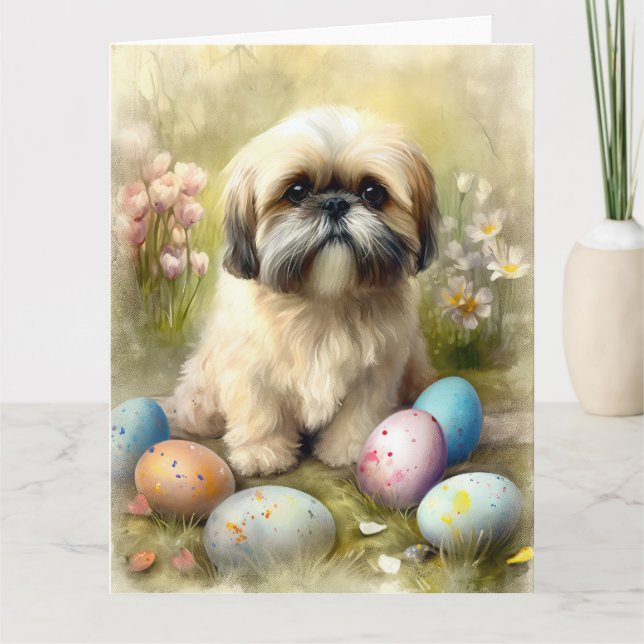 Tarjeta Perro Apso de Lhasa con festividad de huevos de Pa (Anverso)