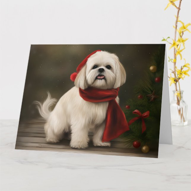 Tarjeta Perro Apso Lhasa en Navidades de Nieve (flor amarilla)