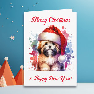 Tarjeta Perro Apso Lhasa en Navidades de Santa Hat
