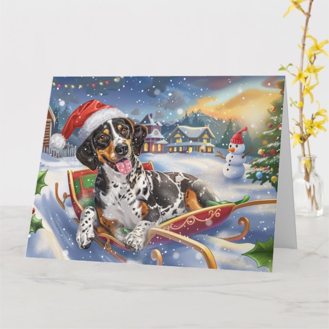 Tarjeta Perro atún rojo en Navidades de nieve de Sleigh (flor amarilla)