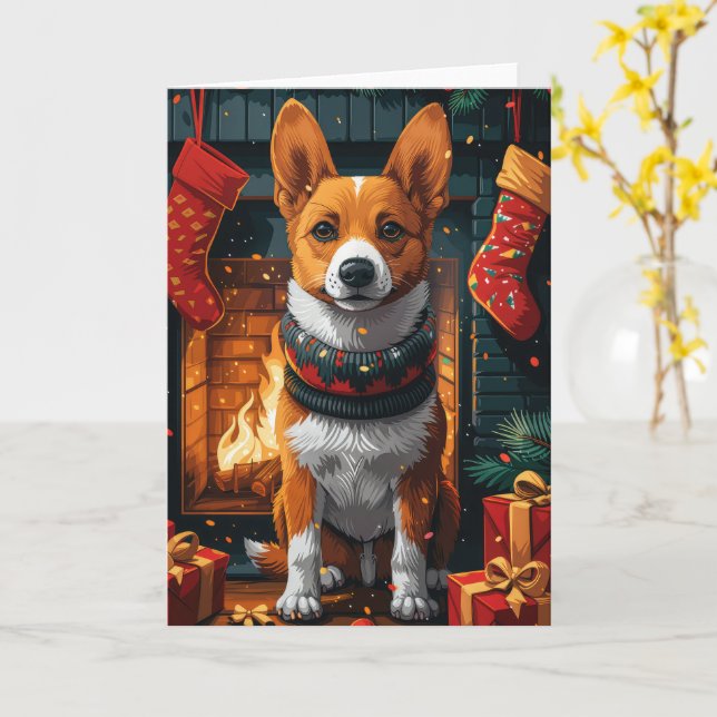 Tarjeta Perro Basenji con regalos de Navidad Chimenea (flor amarilla)