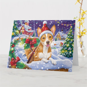 Tarjeta Perro Basenji en Navidades de Nieve en Sleigh