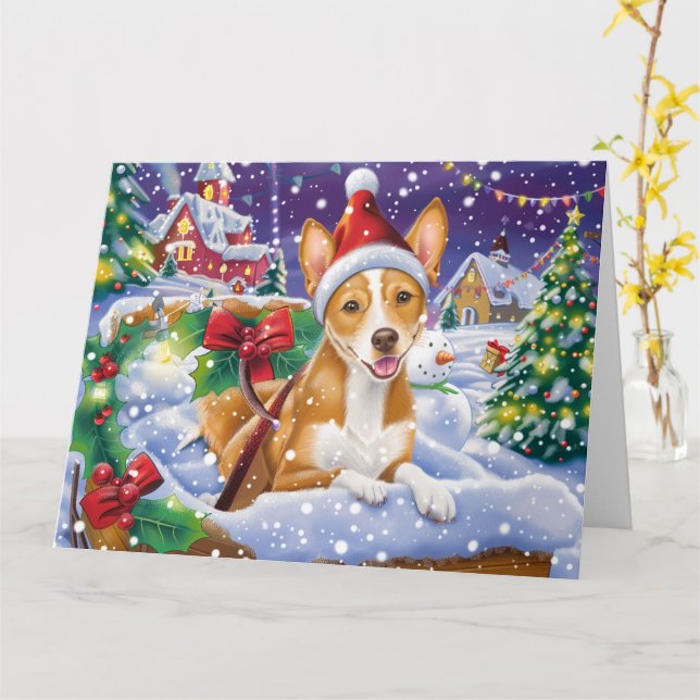 Tarjeta Perro Basenji en Navidades de Nieve en Sleigh (flor amarilla)