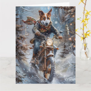 Tarjeta Perro Basenji montando motocicleta en Navidad