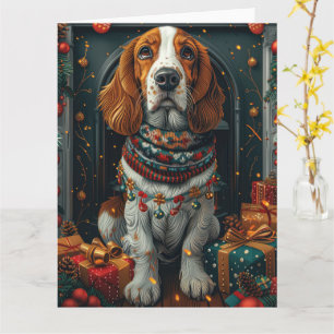 Tarjeta Perro Basset Hound con regalos de Navidad Chimenea