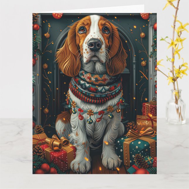 Tarjeta Perro Basset Hound con regalos de Navidad Chimenea (flor amarilla)