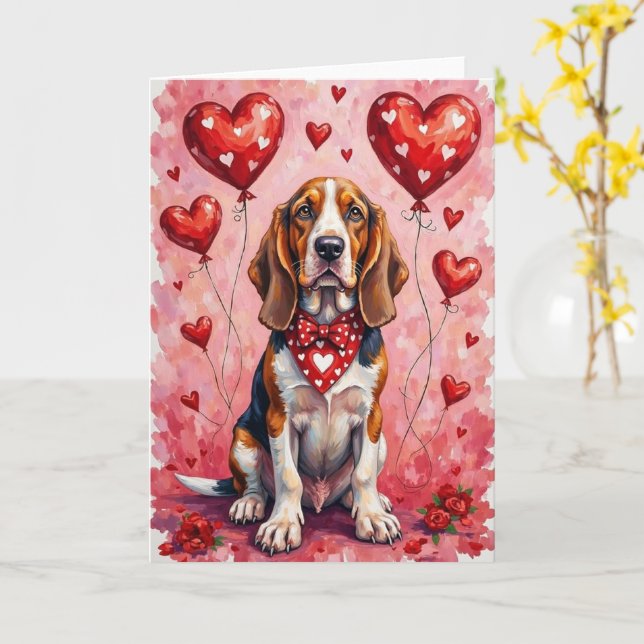 Tarjeta Perro Basset Hound Día de San Valentín con Corazon (flor amarilla)