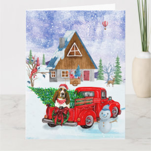 Tarjeta Perro Basset Hound en camión de entrega de Navidad