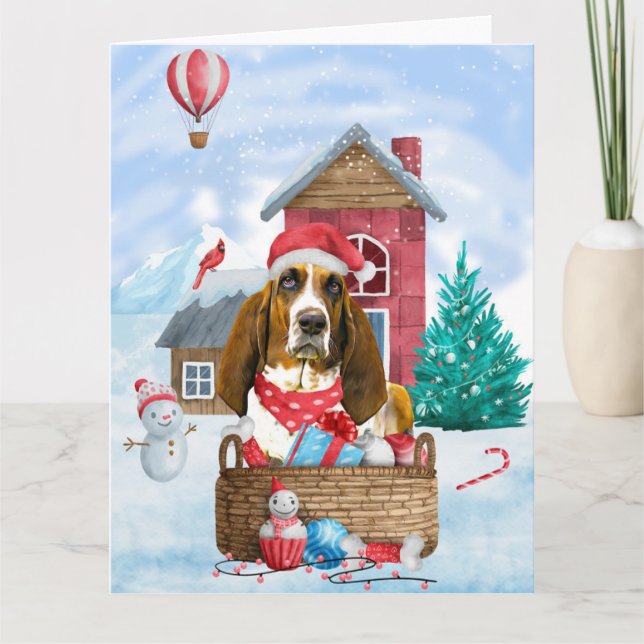 Tarjeta Perro Basset Hound en la casa de perro de Navidad  (Anverso)