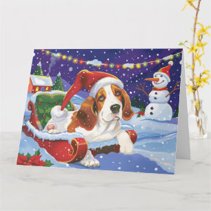 Tarjeta Perro Basset Hound en Trineo Nieve Navidad