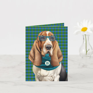 Tarjeta Perro Basset Hound y Cuadro Escocés Azul Turquesa