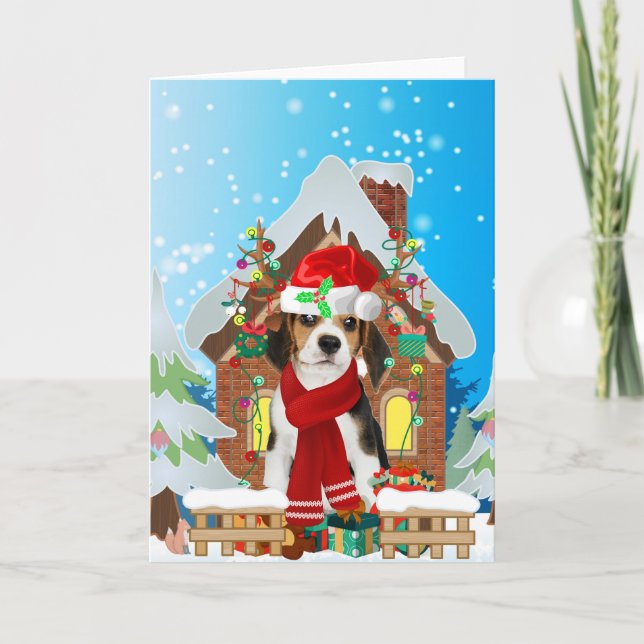 Tarjeta Perro Beagle con regalos de Navidad (Anverso)