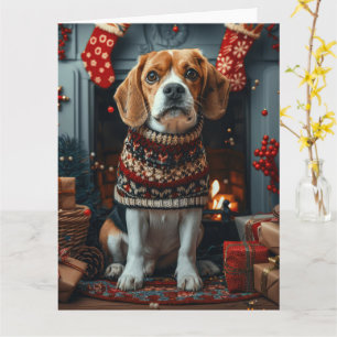 Tarjeta Perro Beagle con regalos de Navidad Chimenea