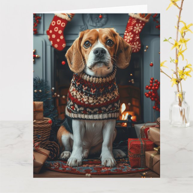 Tarjeta Perro Beagle con regalos de Navidad Chimenea (flor amarilla)