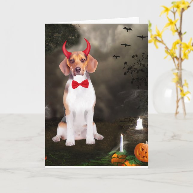 Tarjeta Perro Beagle con traje de Halloween (flor amarilla)