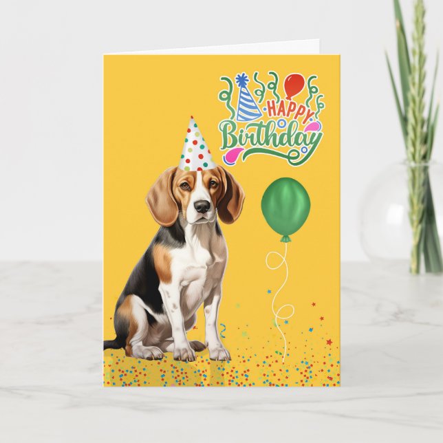 Tarjeta Perro Beagle en Gorra Fiesta en cumpleaños amarill (Anverso)