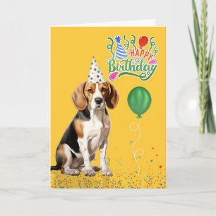 Tarjeta Perro Beagle en Gorra Fiesta en cumpleaños amarill