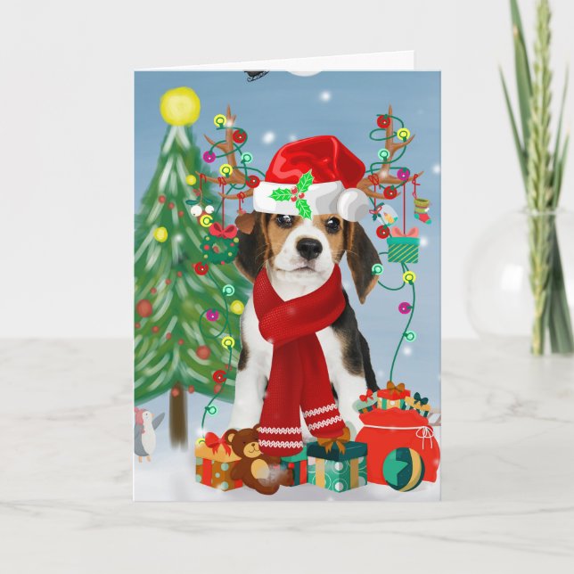 Tarjeta Perro Beagle en la nieve con regalos de Navidad (Anverso)