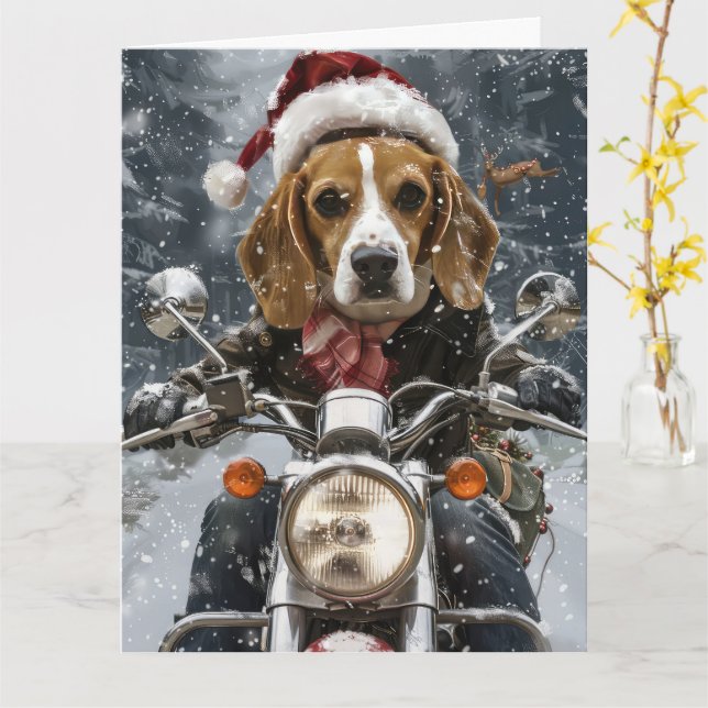 Tarjeta Perro Beagle Montando Motocicleta Navidad (flor amarilla)
