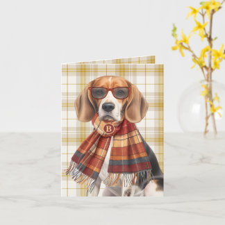 Tarjeta Perro Beagle y Monograma de Cuadro Dorado