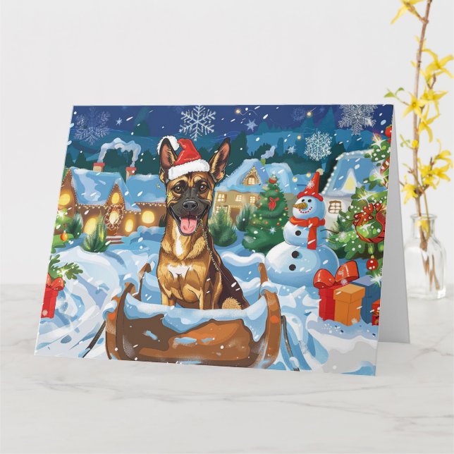 Tarjeta Perro belga malinoi en Navidades de Nieve en Sleig (flor amarilla)