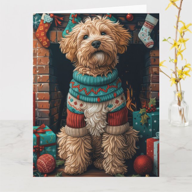 Tarjeta Perro Bernedoodle con regalos de Navidad Chimenea (flor amarilla)