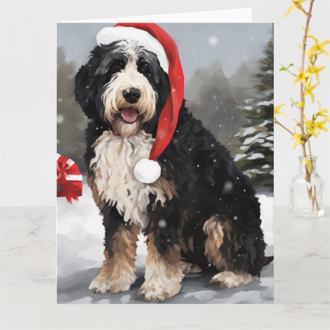 Tarjeta Perro Bernedoodle en Navidades de Nieve (flor amarilla)